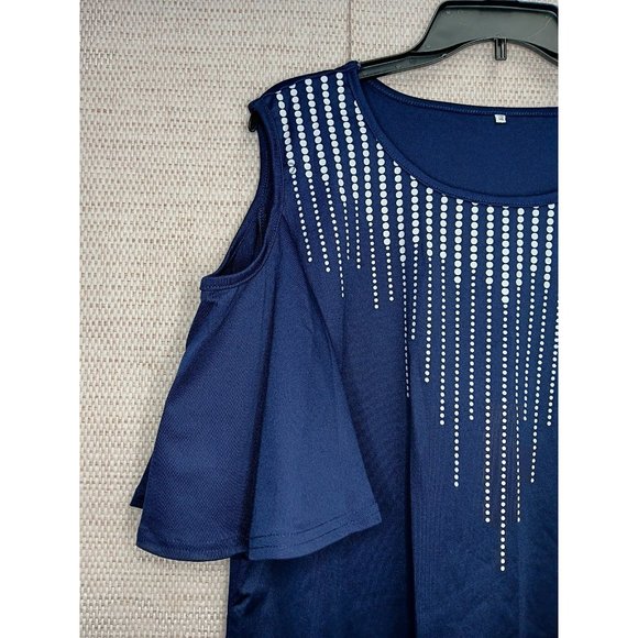 Navy Cold Shoulder Blouse with Dot drops  round neck Plus Size 2X - Picture 4 of 7